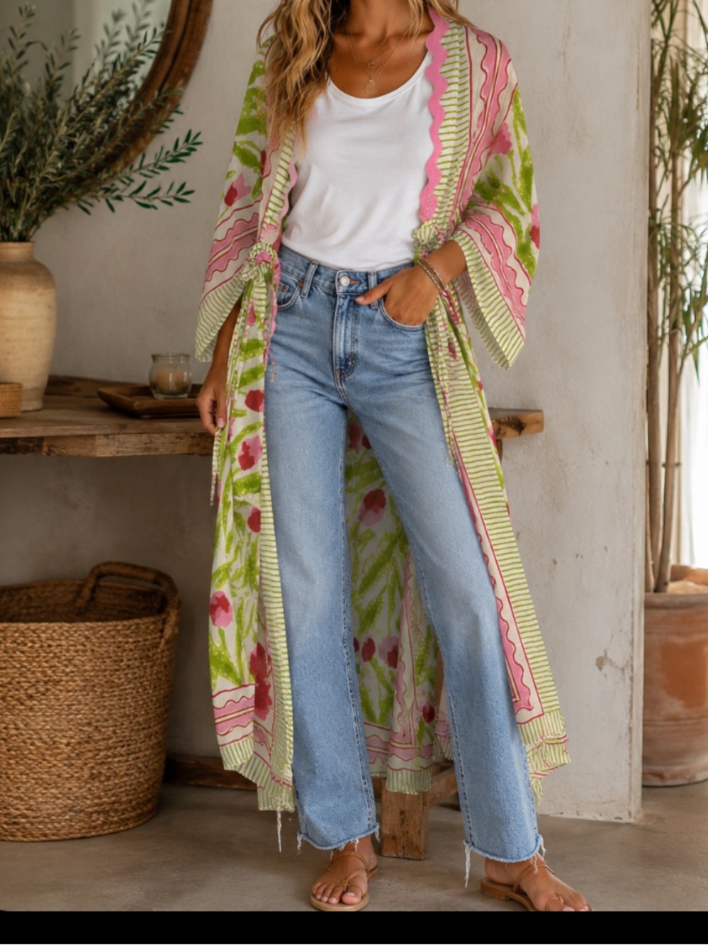 Boho people  pink green floral free size kimono kaftan robe wrap ooak hippie